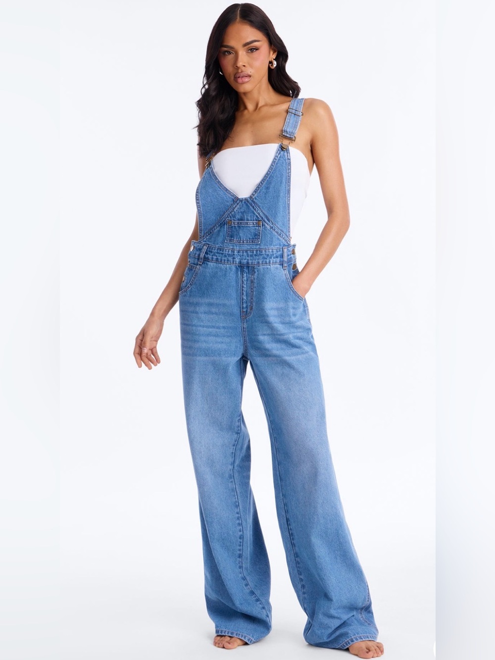 Fashion Nova Light Blue Wide-Leg Denim Overalls